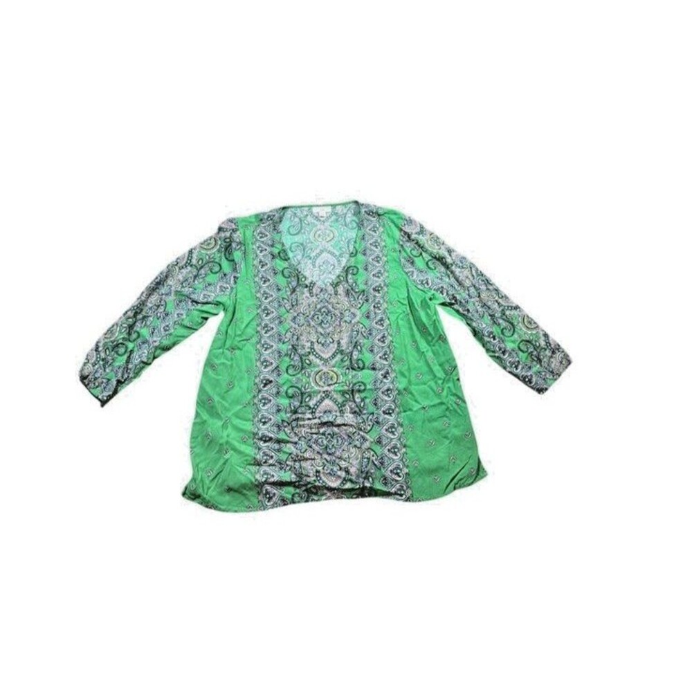 J. Jill Green Paisley Tunic Top Womens Size Large Shirt V-Neck 3/4 Sleeve Preppy